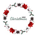 Christmas wreath poinsettia, cone, cotton. omela, cinnamon. Handlettering quote Merry Christmas.